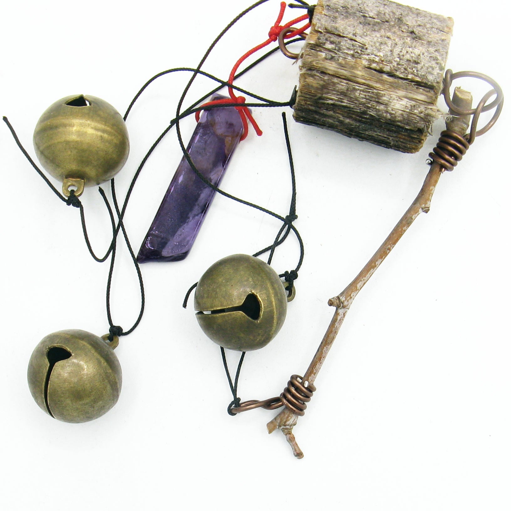 3 Sleigh Bells with Polished Amethyst and Branch Twigs - Handcrafted