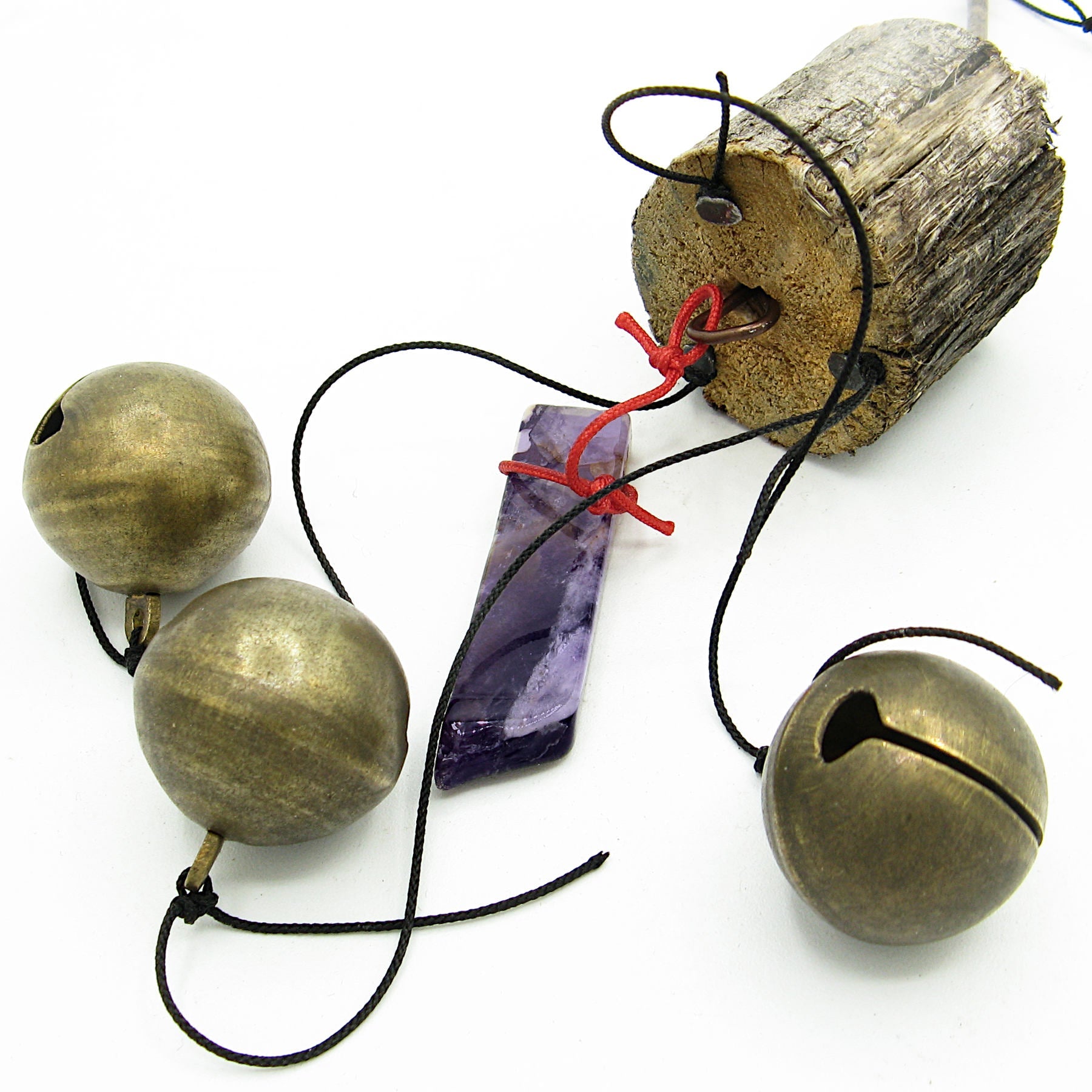 3 Sleigh Bells with Polished Amethyst and Branch Twigs - Handcrafted