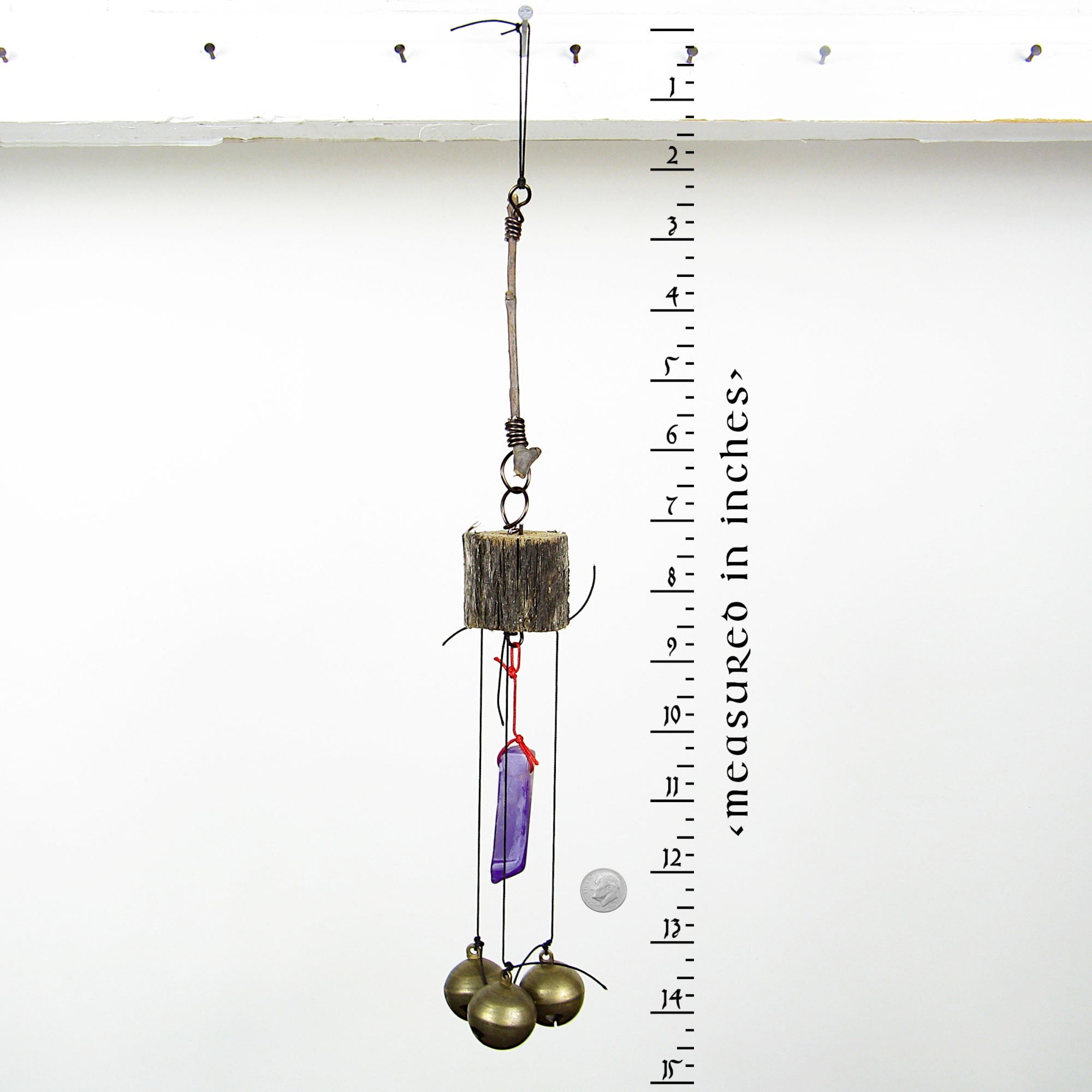 3 Sleigh Bells with Polished Amethyst and Branch Twigs - Handcrafted