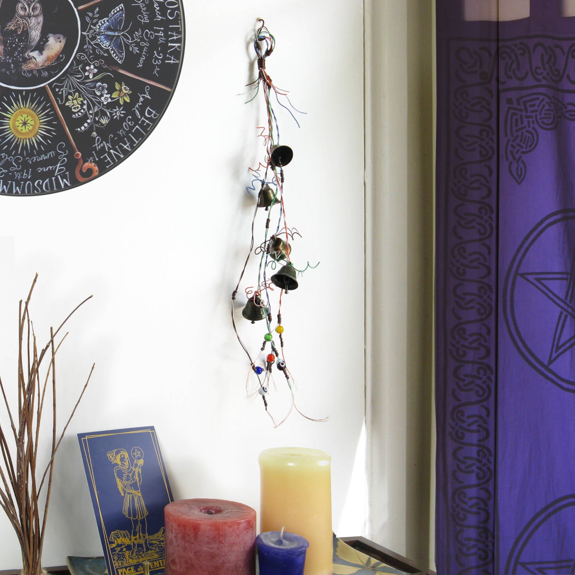 Witch's Bell w/ Upcycled Multi-color Telephone Wire &amp; Evil Eye Beads - Handcrafted