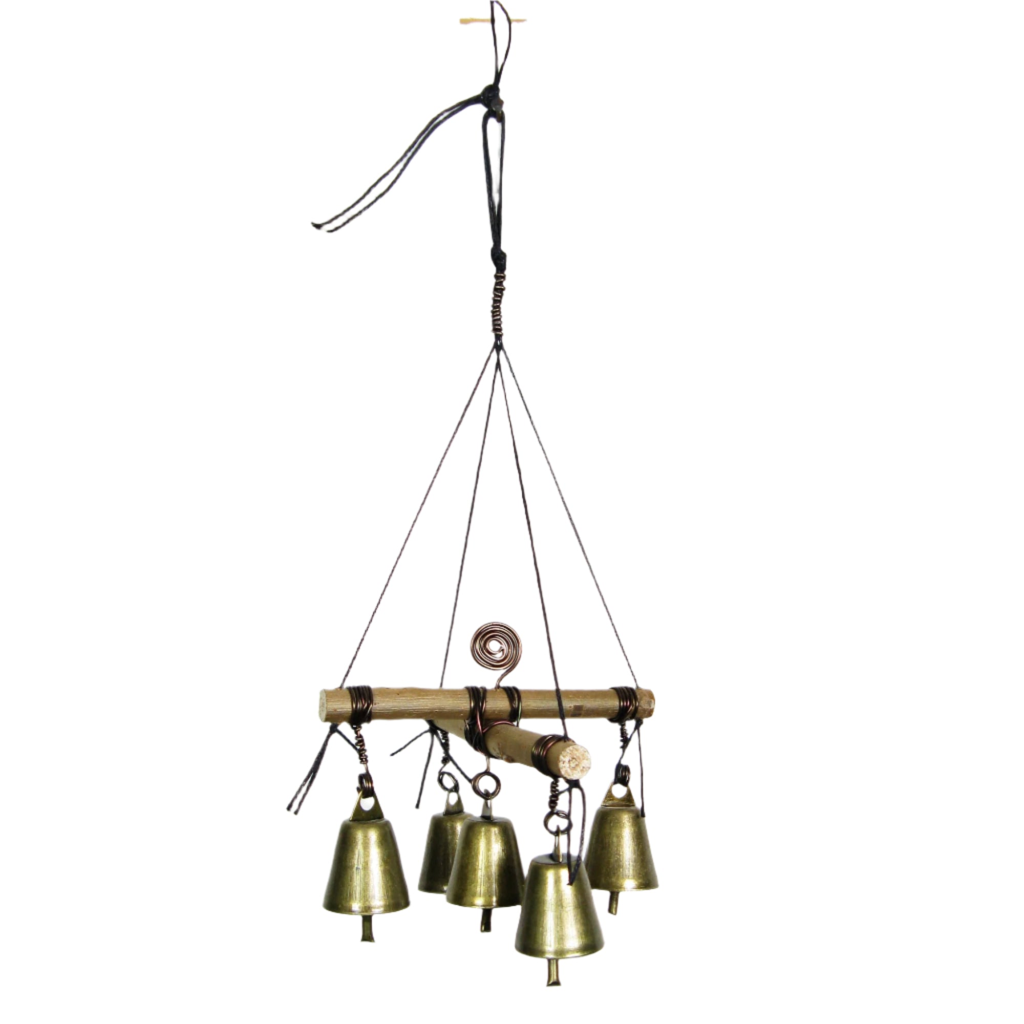 Hanging Witch's Bell with Cross of Twigs, Five Bells, Spiral - Handcrafted