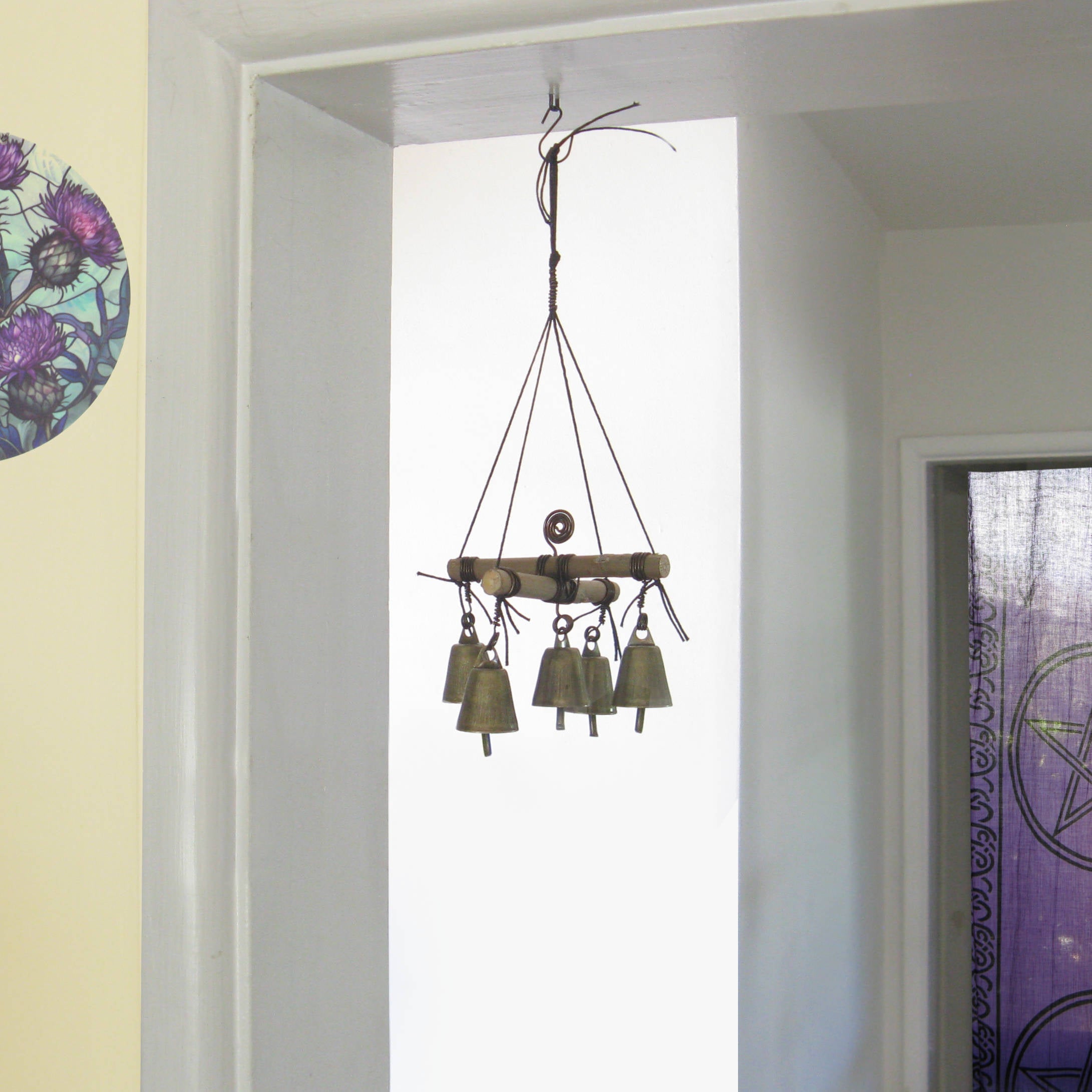 Hanging Witch's Bell with Cross of Twigs, Five Bells, Spiral - Handcrafted
