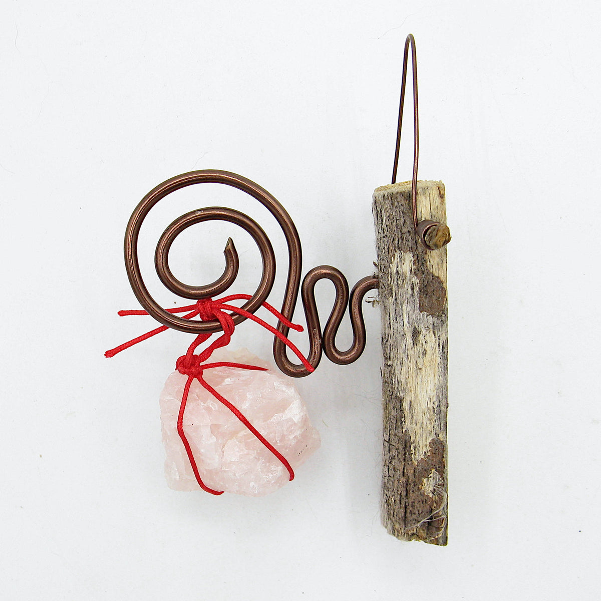 Wall Hanging: Weathered Branch with Rose Quartz and Spiral Bracket - Handcrafted