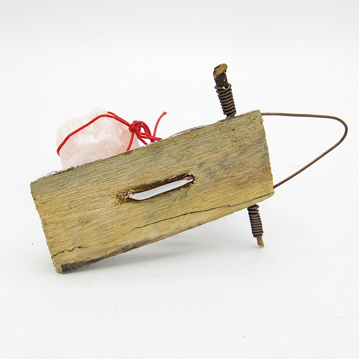Wall Hanging: Weathered Branch with Rose Quartz and Spiral Bracket - Handcrafted