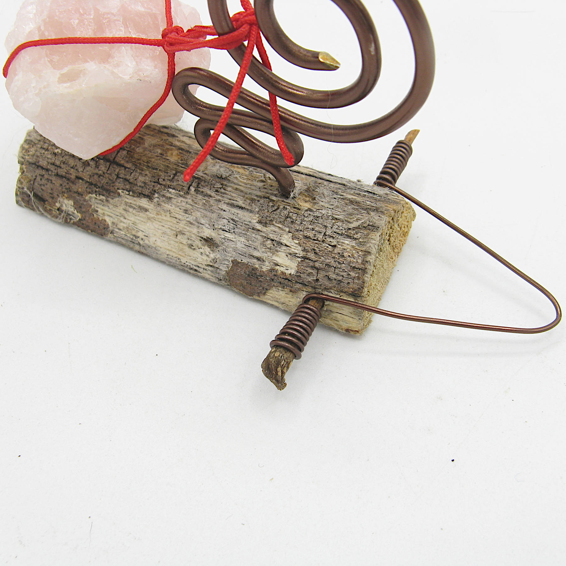 Wall Hanging: Weathered Branch with Rose Quartz and Spiral Bracket - Handcrafted