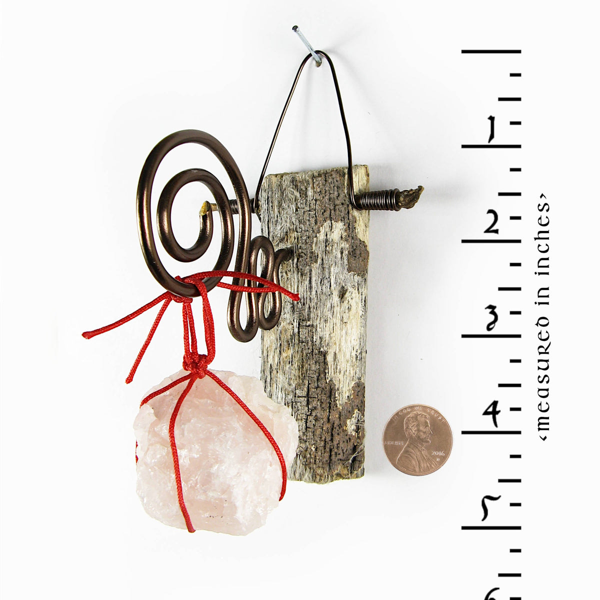 Wall Hanging: Weathered Branch with Rose Quartz and Spiral Bracket - Handcrafted