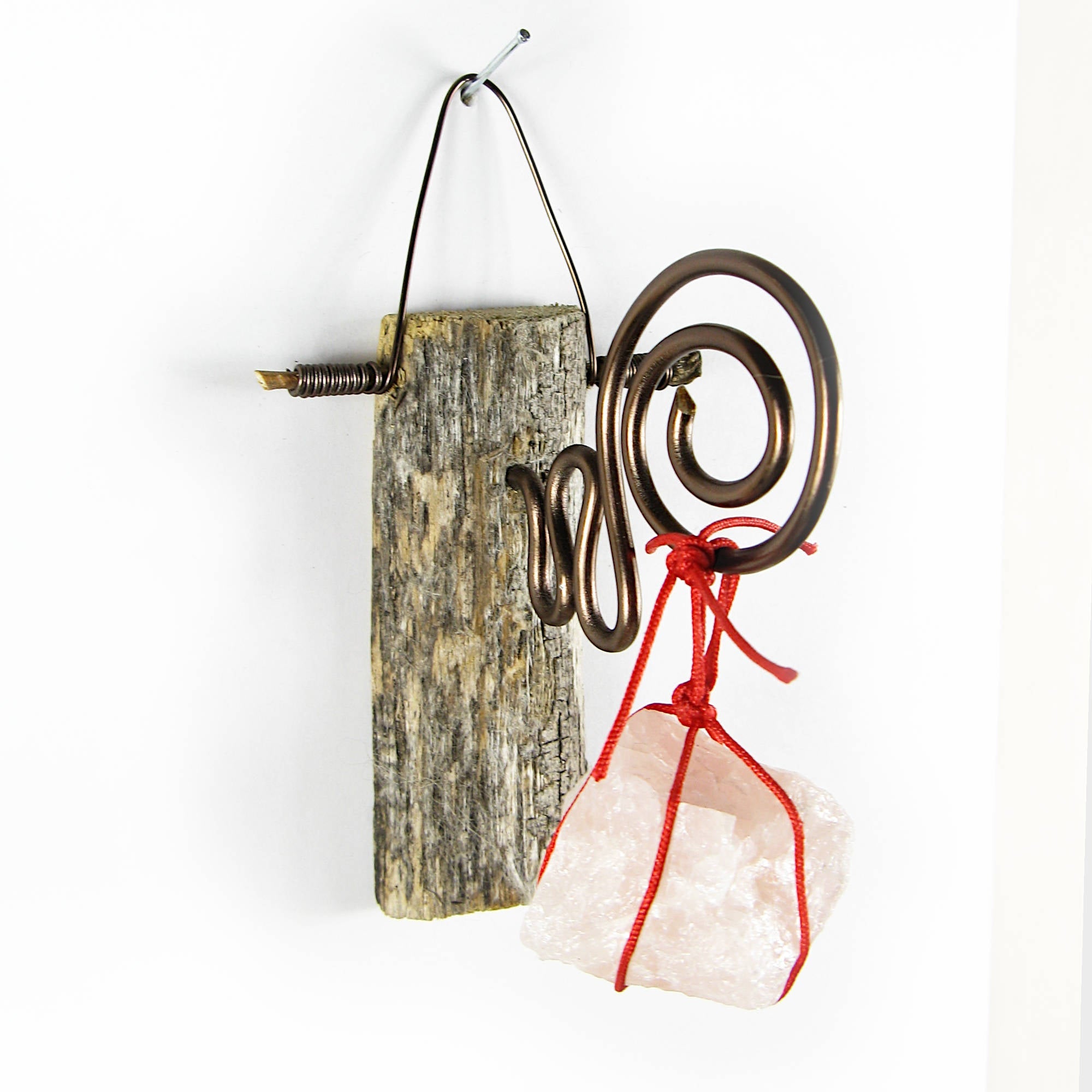 Wall Hanging: Weathered Branch with Rose Quartz and Spiral Bracket - Handcrafted