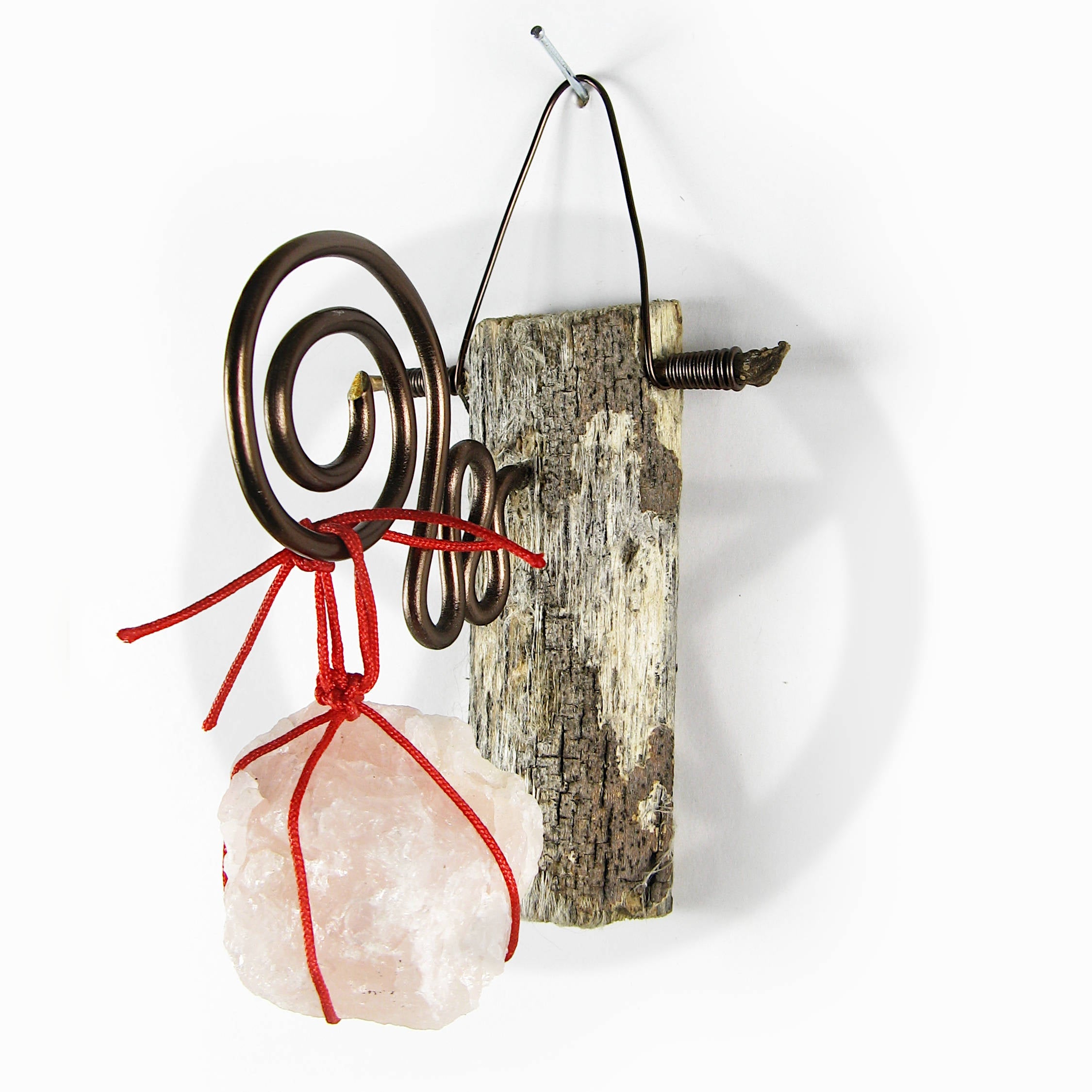 Wall Hanging: Weathered Branch with Rose Quartz and Spiral Bracket - Handcrafted