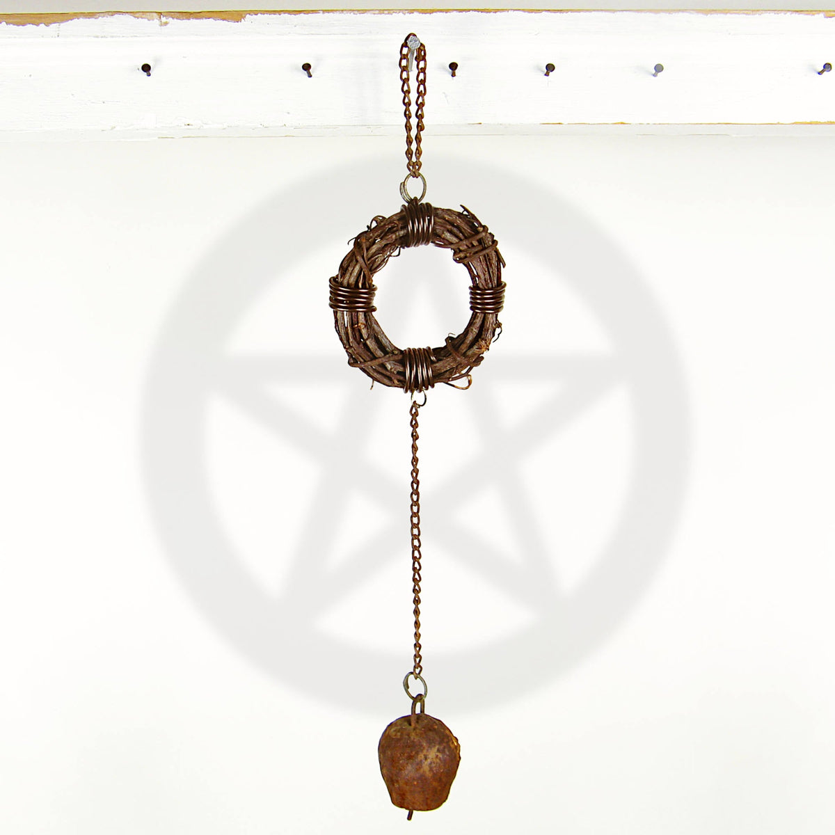 Rusty Witch's Bell and Chain on Wreath - Handcrafted