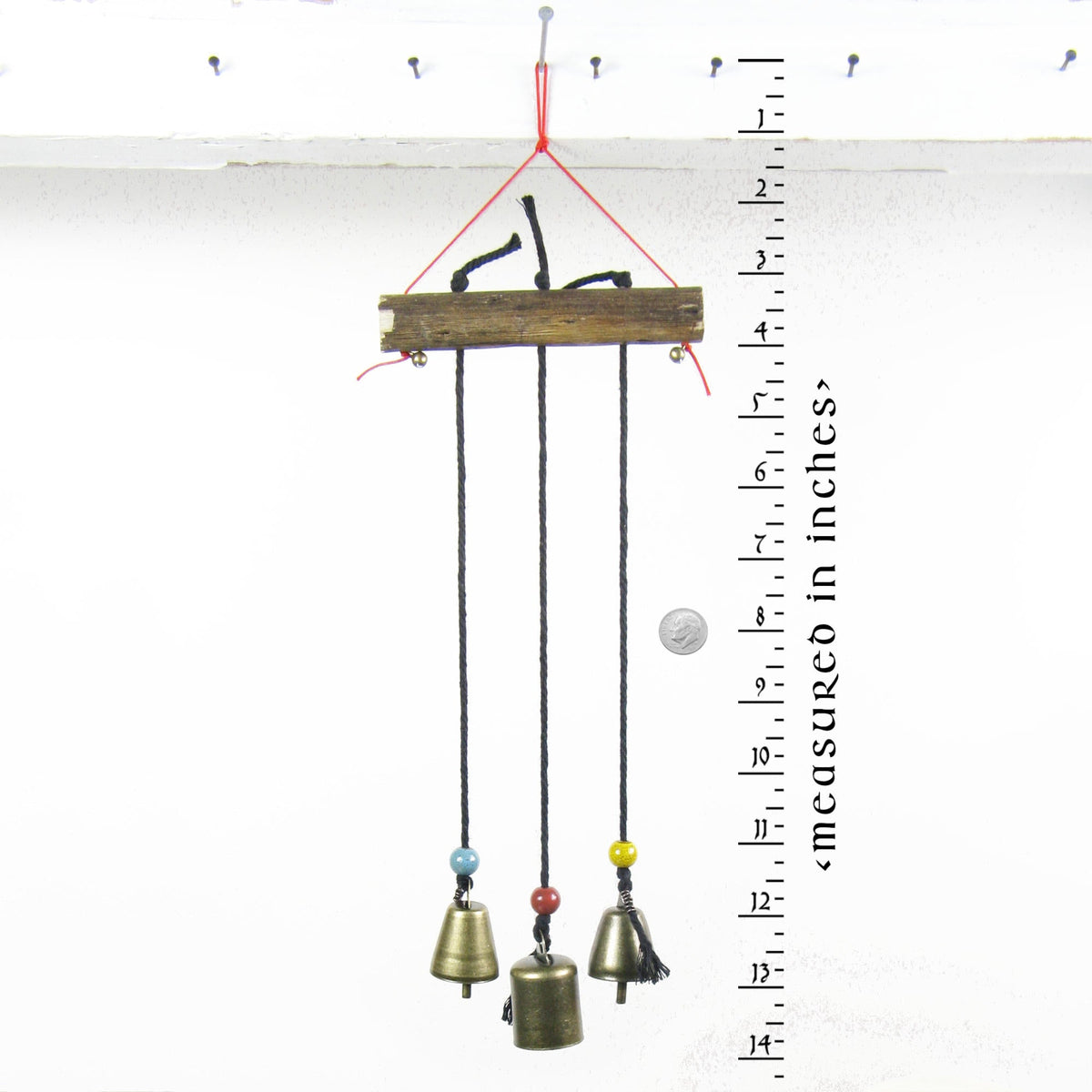 Witch's Bell: Three Bells on Long Black Cords Hanging from Branch - Handcrafted