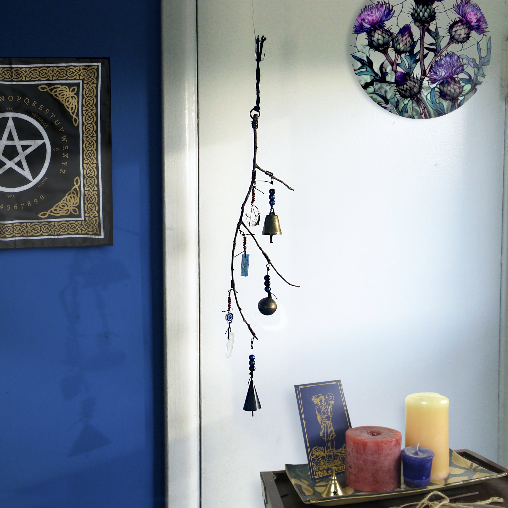 Witch's Bell: Branch, Pentagram, Evil Eye, Quartz, &amp; Kyanite - Handcrafted