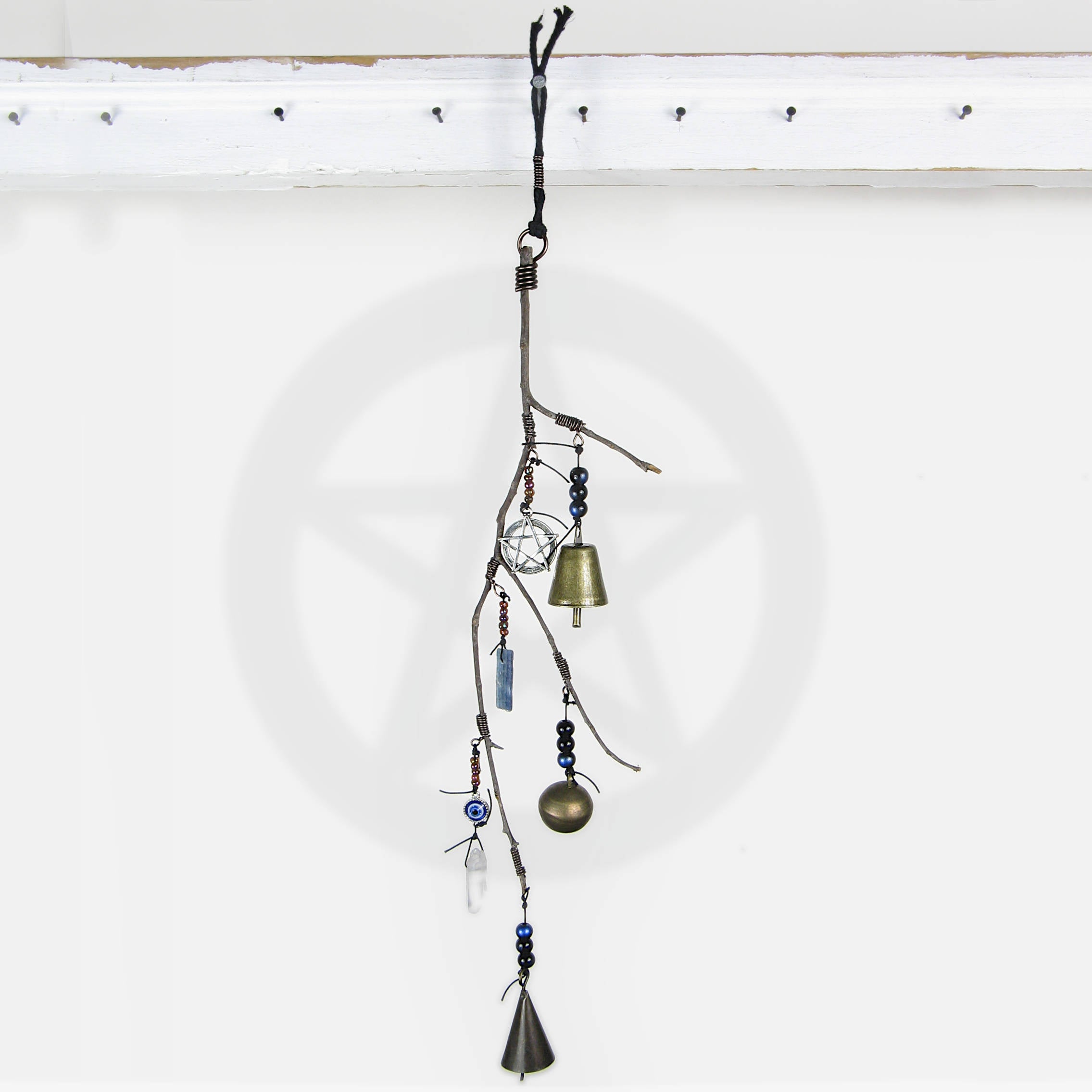 Witch's Bell: Branch, Pentagram, Evil Eye, Quartz, &amp; Kyanite - Handcrafted