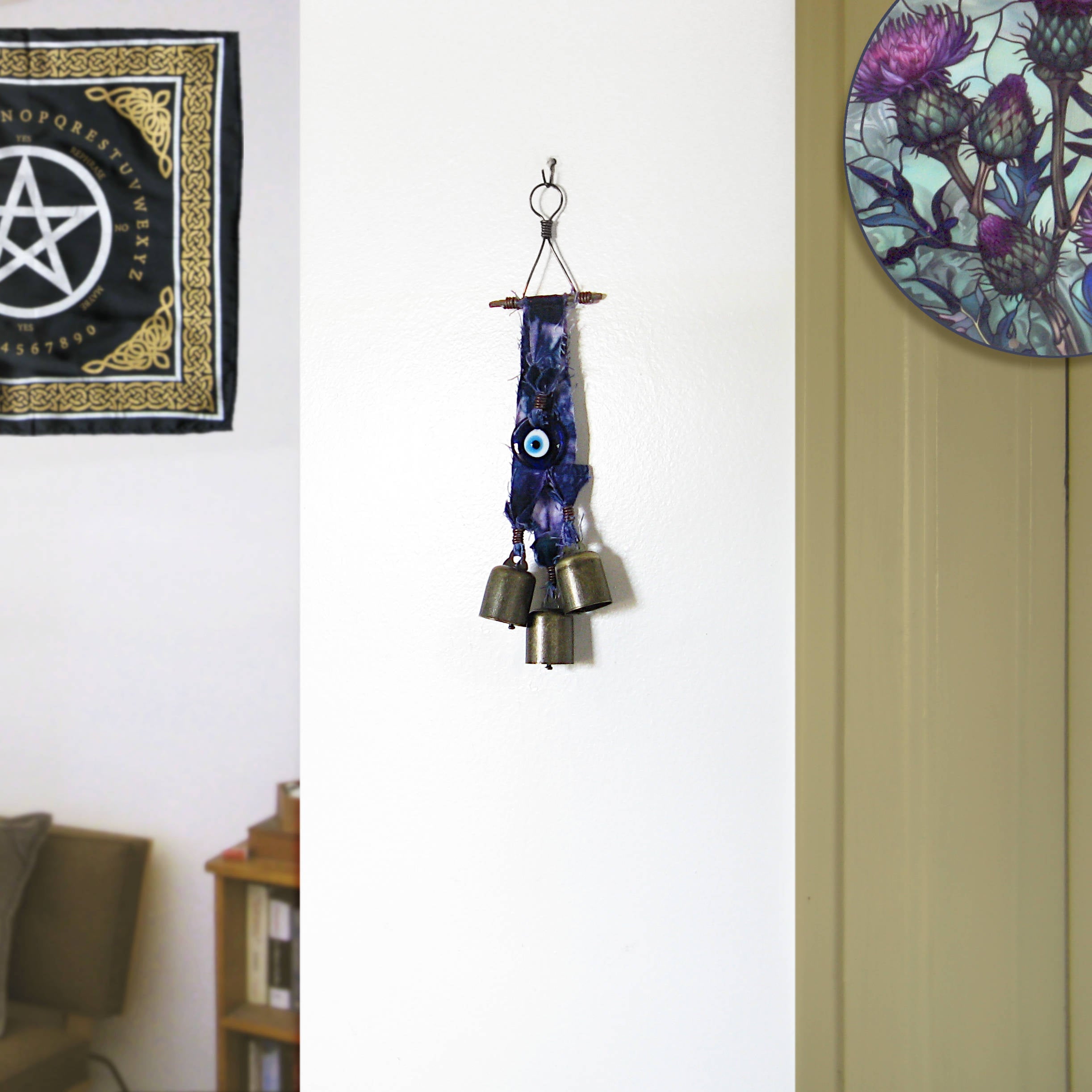 Witch's Bell: Batik Strips, Protective Evil Eye and Twig - Handcrafted