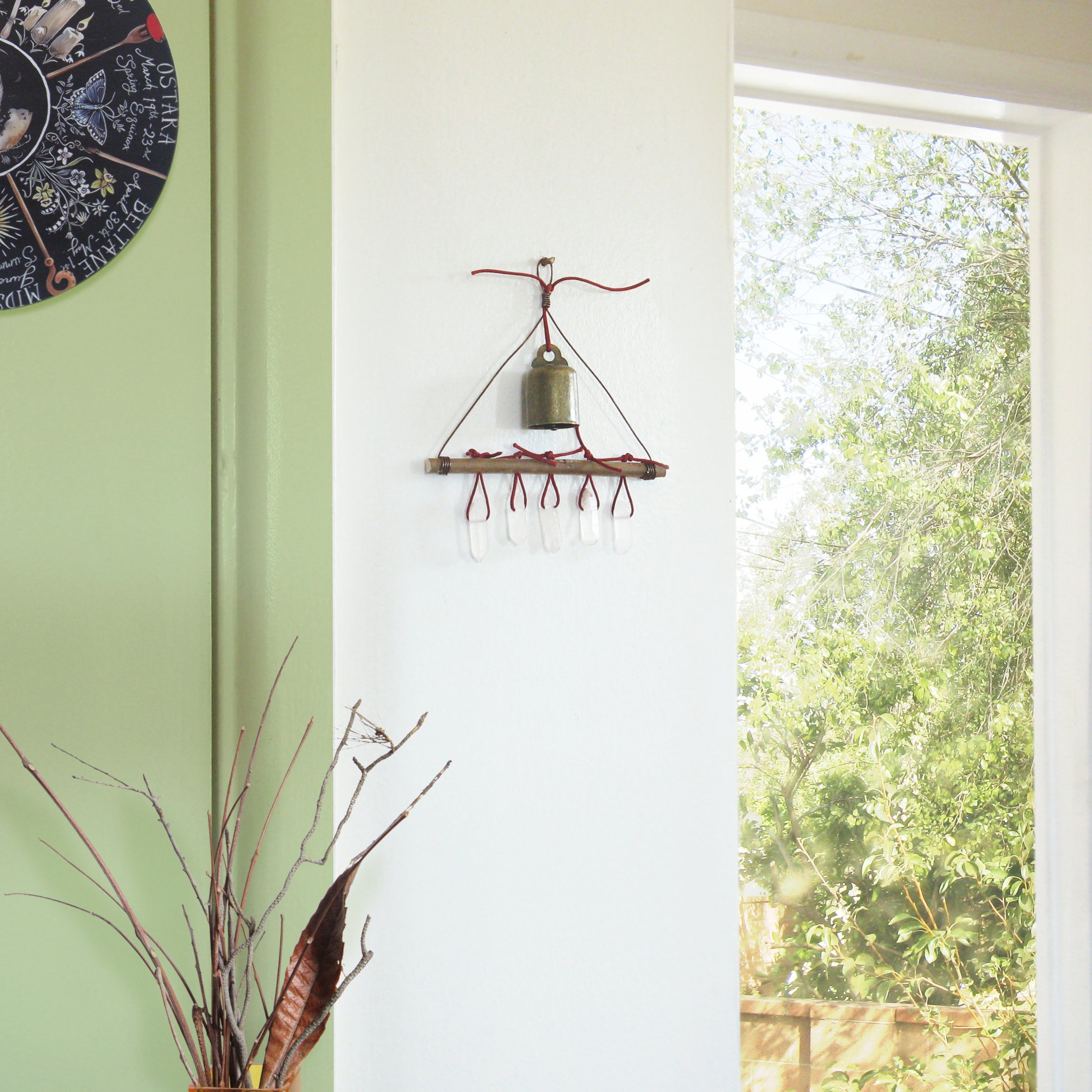 Witch's Bell with 5 Quartz Crystal Points and Twig - Handcrafted