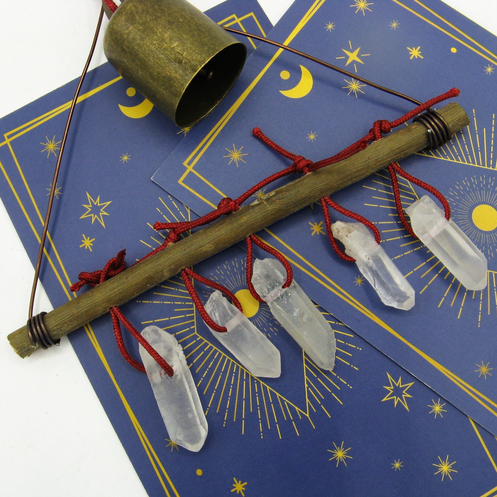 Witch's Bell with 5 Quartz Crystal Points and Twig - Handcrafted