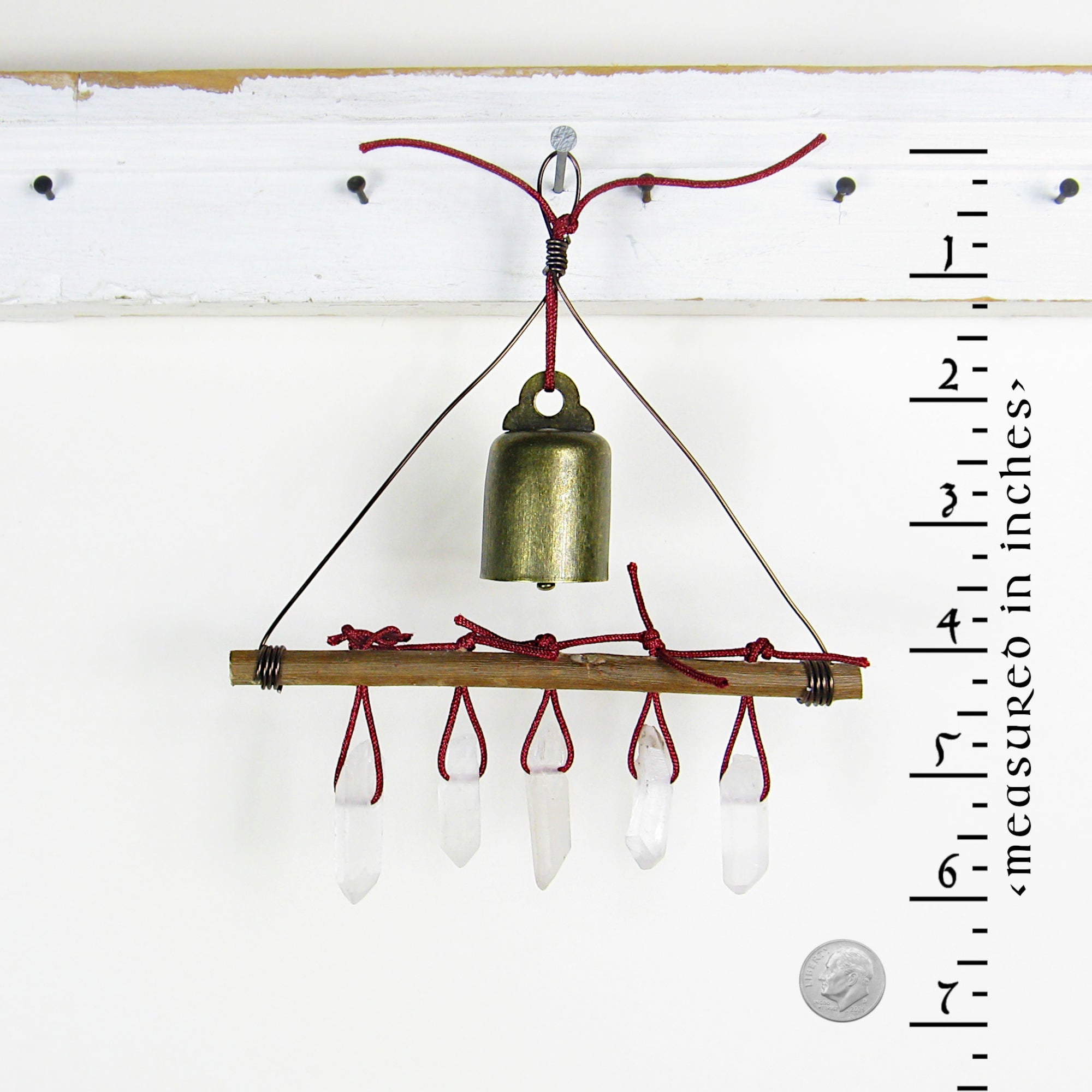 Witch's Bell with 5 Quartz Crystal Points and Twig - Handcrafted